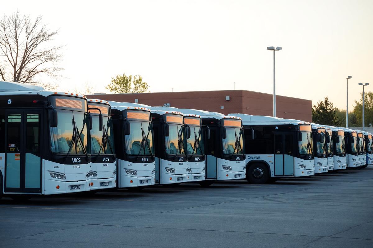 Row of clean buses and shuttle vehicles parked in a fleet yard at sunrise